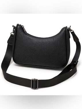 Black Pebbled Leather Shoulder Bag Adjustable Strap Minimalist Crossbody